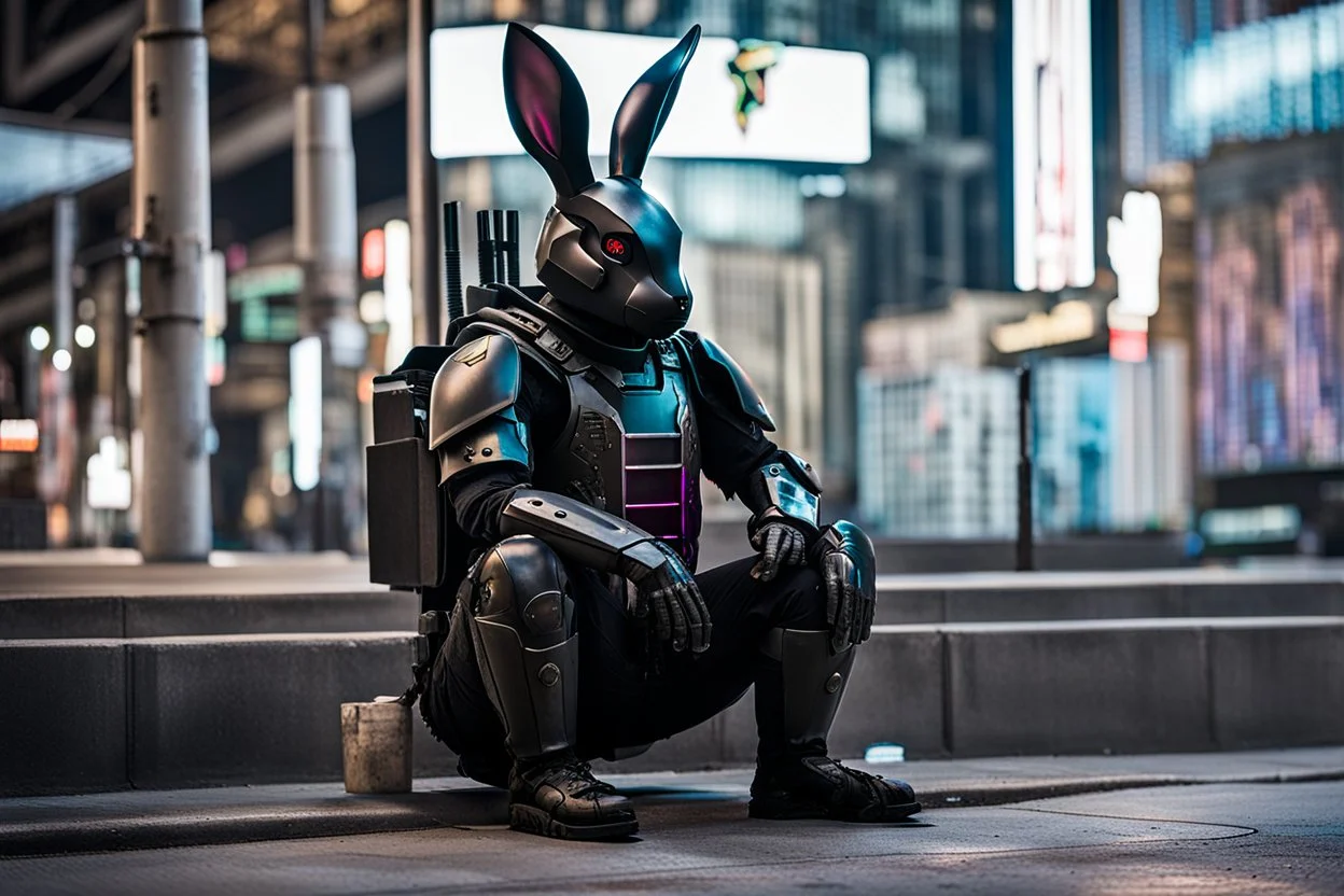 Half robot, half organic black rabbit wearing body armor. He is sittin on the neon-soaked sidewalks of the city. Photograph.