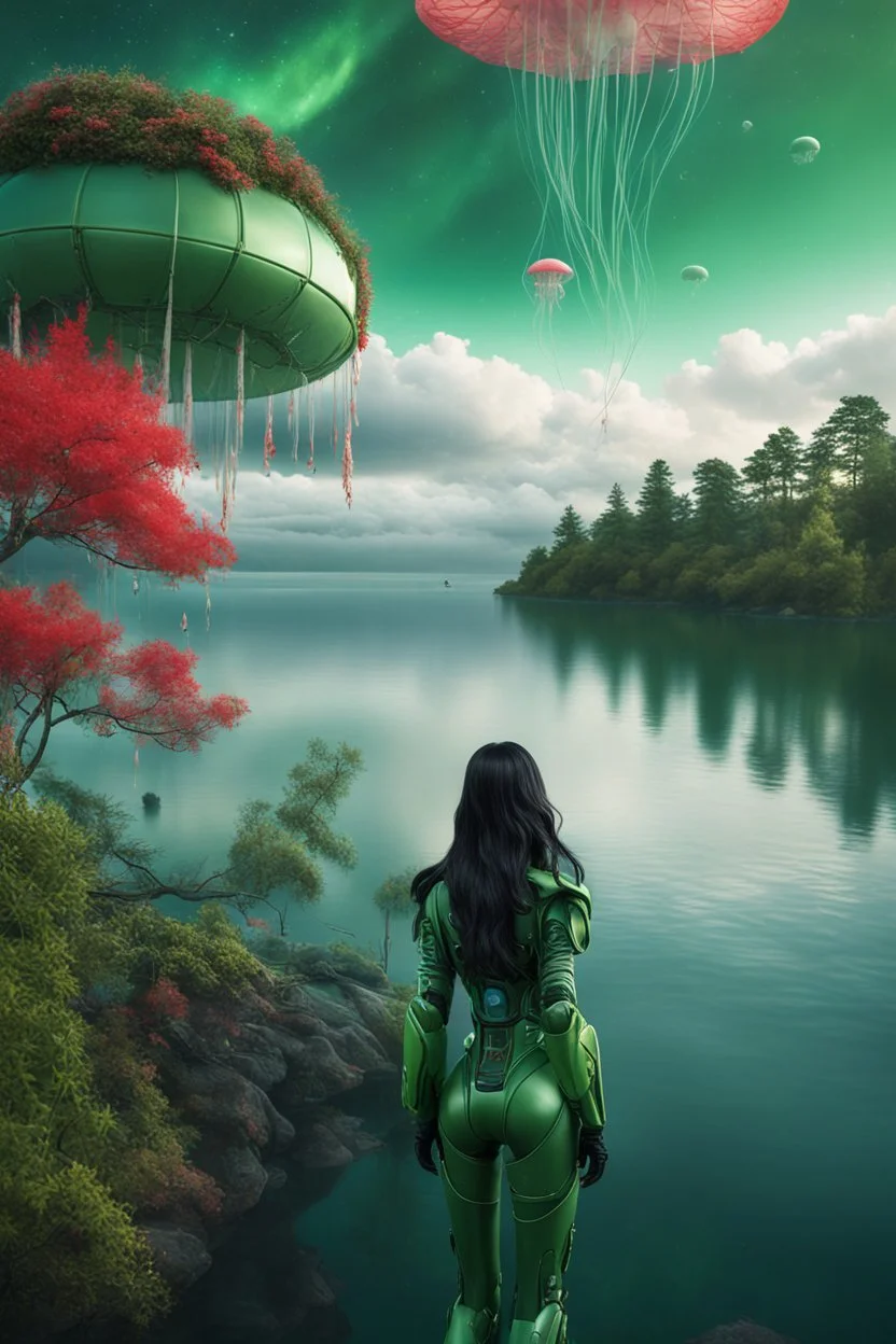 Photorealistic Photo Of A long black-haired woman in a green robot suit, Looking Out Over A Lake With jellyfish with red Tentacles, Tall Narrow Cloud Trees In The distance with an alien sky