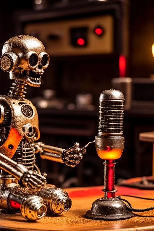 Robot firestarter with a microphone in hand, metal radio host sleeping in the background