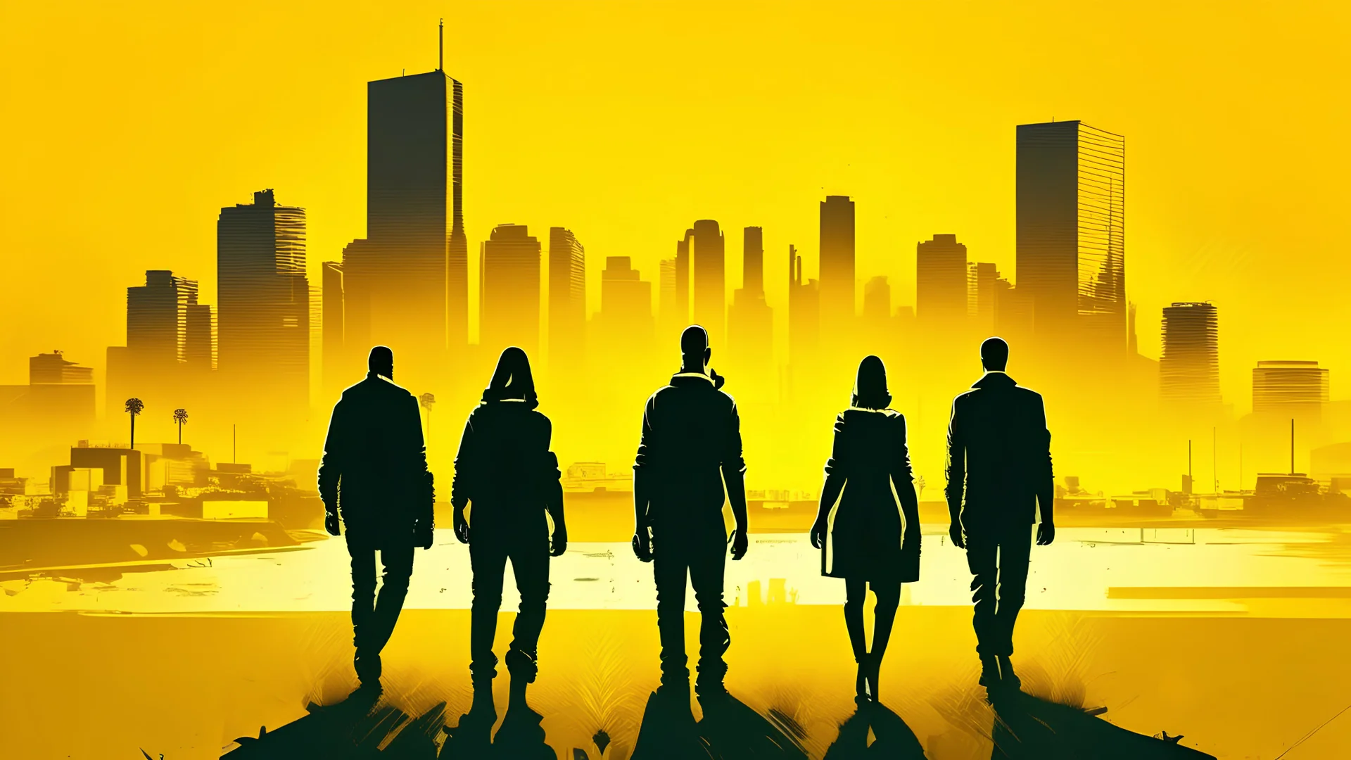 Create a GTA 5 illustration style image of 3 people and a city in the background with a yellowish atmosphere