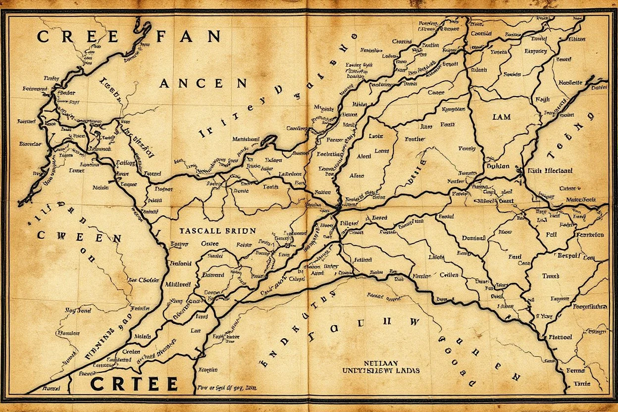 an ancient printed road map that was black and white and uses Cree syllabics but has since been stained and weathered