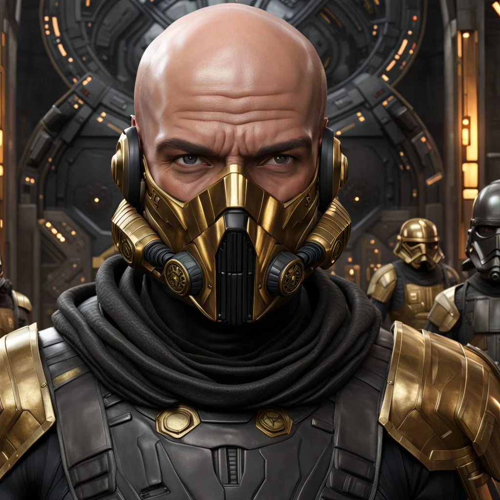 star wars bald male corellian pilot wearing pearlescent black and gunmetal grey First Order special forces heavy assault stealth commando armor and helmet with gold trim inside the jedi temple, hyperdetailed, dynamic lighting, hyperdetailed background, 8k resolution, volumetric lighting, light skin, fully symmetric details