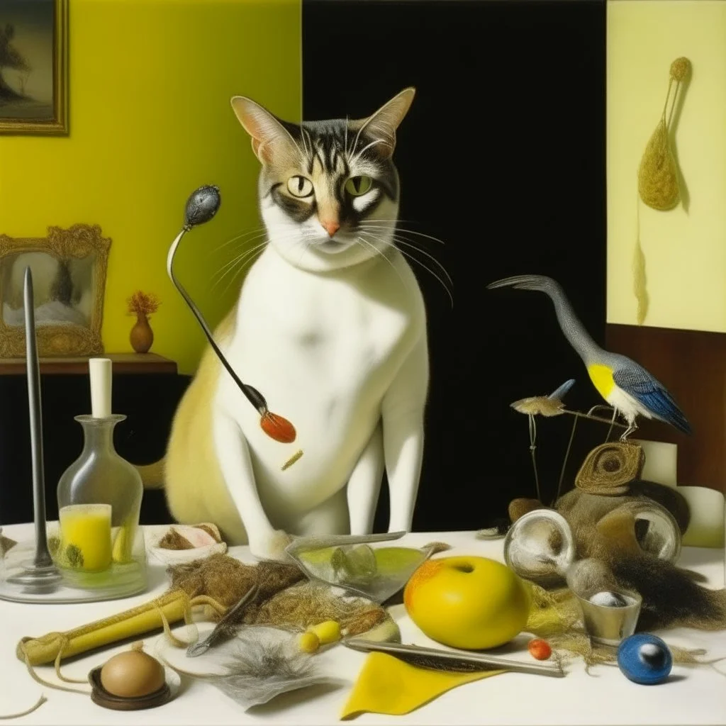 a cat and human flesh-like surgical instruments and universe-like a pigeon and neuralink, surrealism,minimalism,Painting By Adrian Ghenie, Rene Magritte, Salvador Dali, Lucian Freud