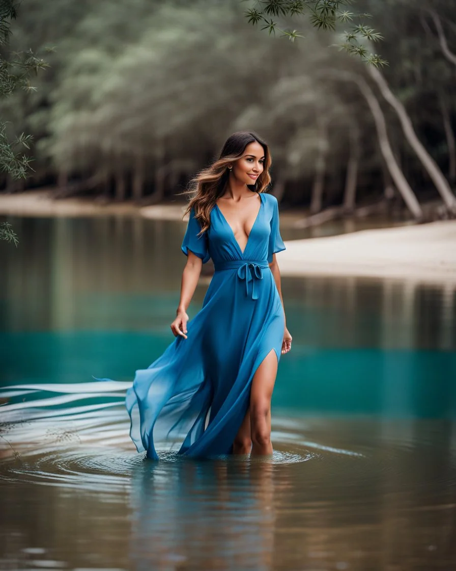 beautiful girl in pretty blue dress walking in water toward camera in trees next to wavy river with clear water and nice sands in floor.camera capture from her full body front