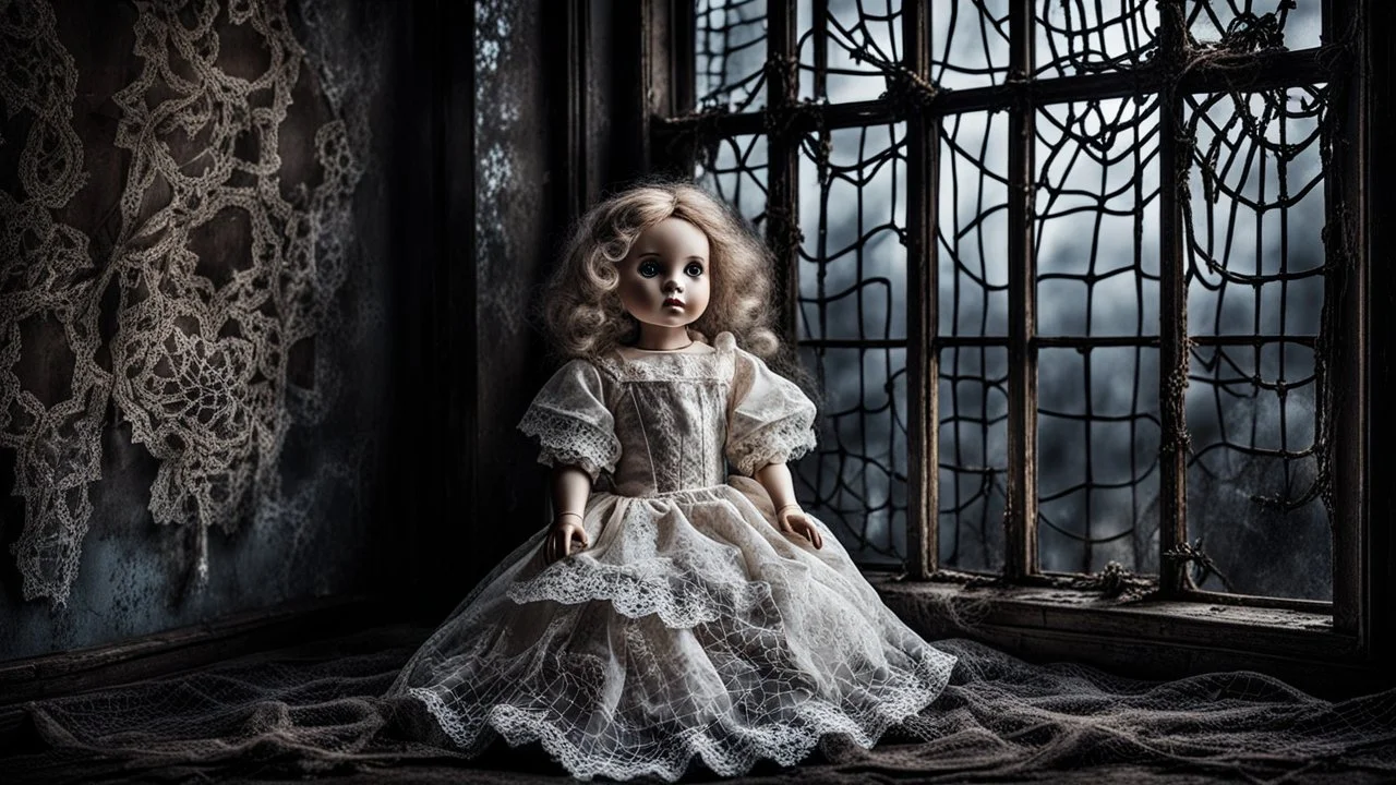 an old, dirty, worn (porcelain doll sitting in a beautiful lace dress) in a broken, dirty window, spiderweb, abandoned old room, dark surreal atmosphere, dull lights, dark colors sinister , surrealism, matte background