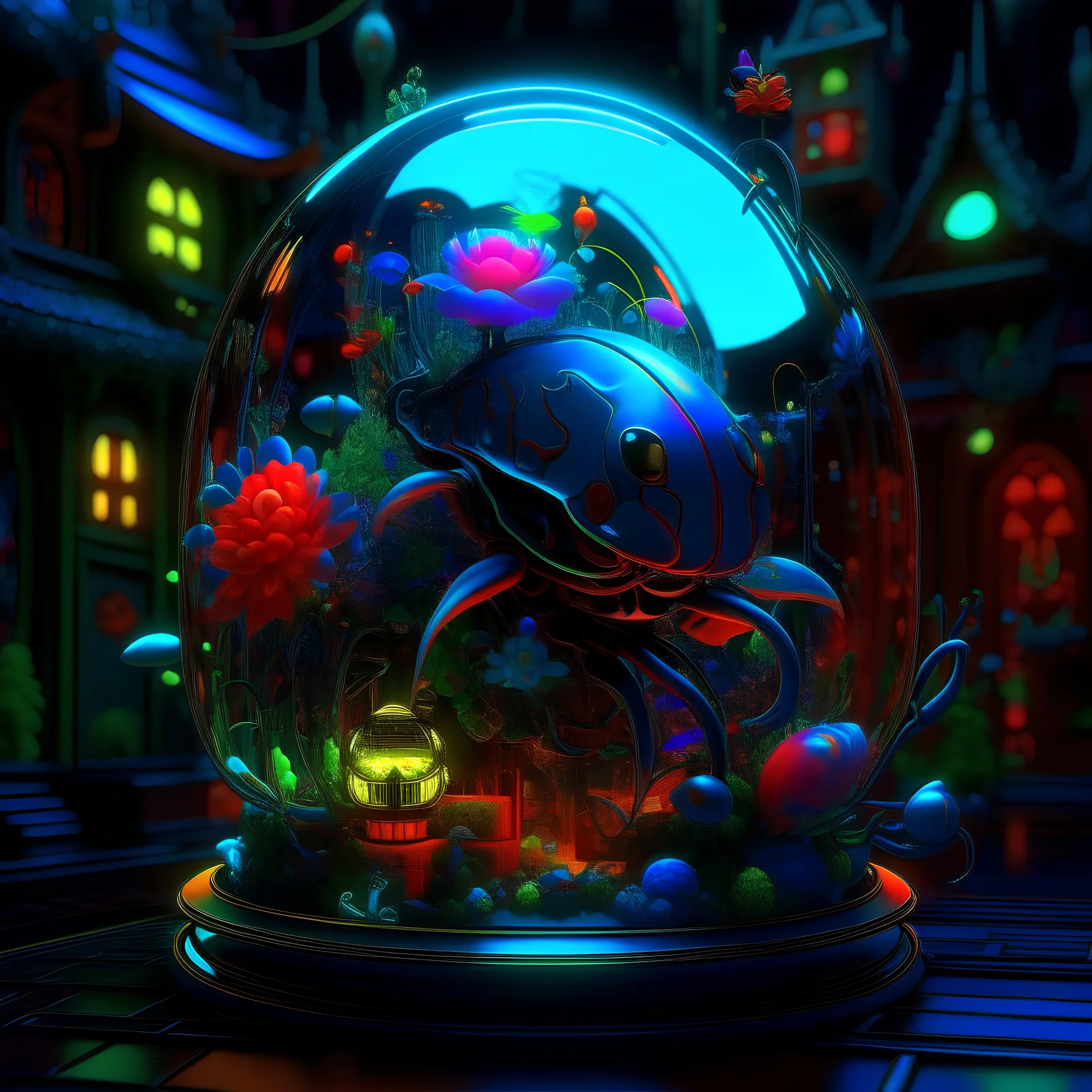 Black light art, a 3d hd fractal recrusive whimsical stylized gothic transparent glass ladybug filled with vibrant colorful fishes in water and shells and plants on a flower traveling through a colorful gothic steampunk glass village in winter night , Backlight art neon, highly detailed, Backlight art neon, highly detailed, trending on artstation, digital art, award-winning