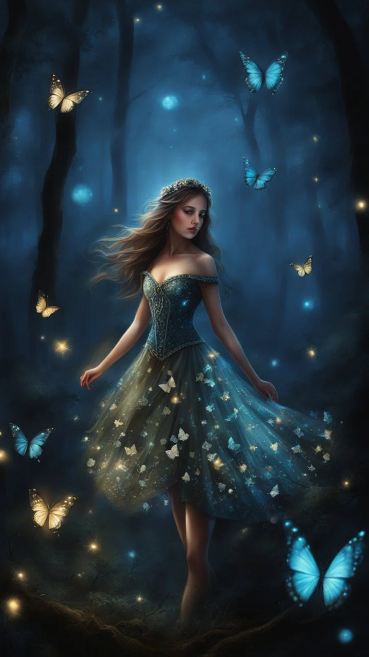 Painting of a beautiful girl, beautiful, pretty face, young girl, fantasy art, dream, trees, forest, dark night, song, glitter butterflies, fantasy