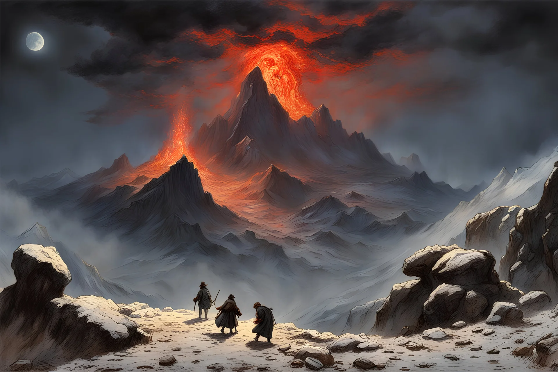 Night, rocks, mountains, very epic, horror movies influence, japanese manga style, friedrich eckenfelder, emile claus, and auguste oleffe impressionism paintings