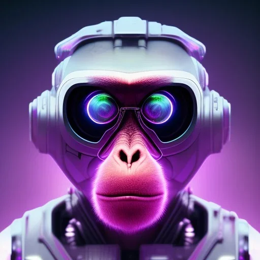 A beautiful portrait of a cyborg monkey purple neon color scheme, high key lighting, volumetric light high details psychedelic background