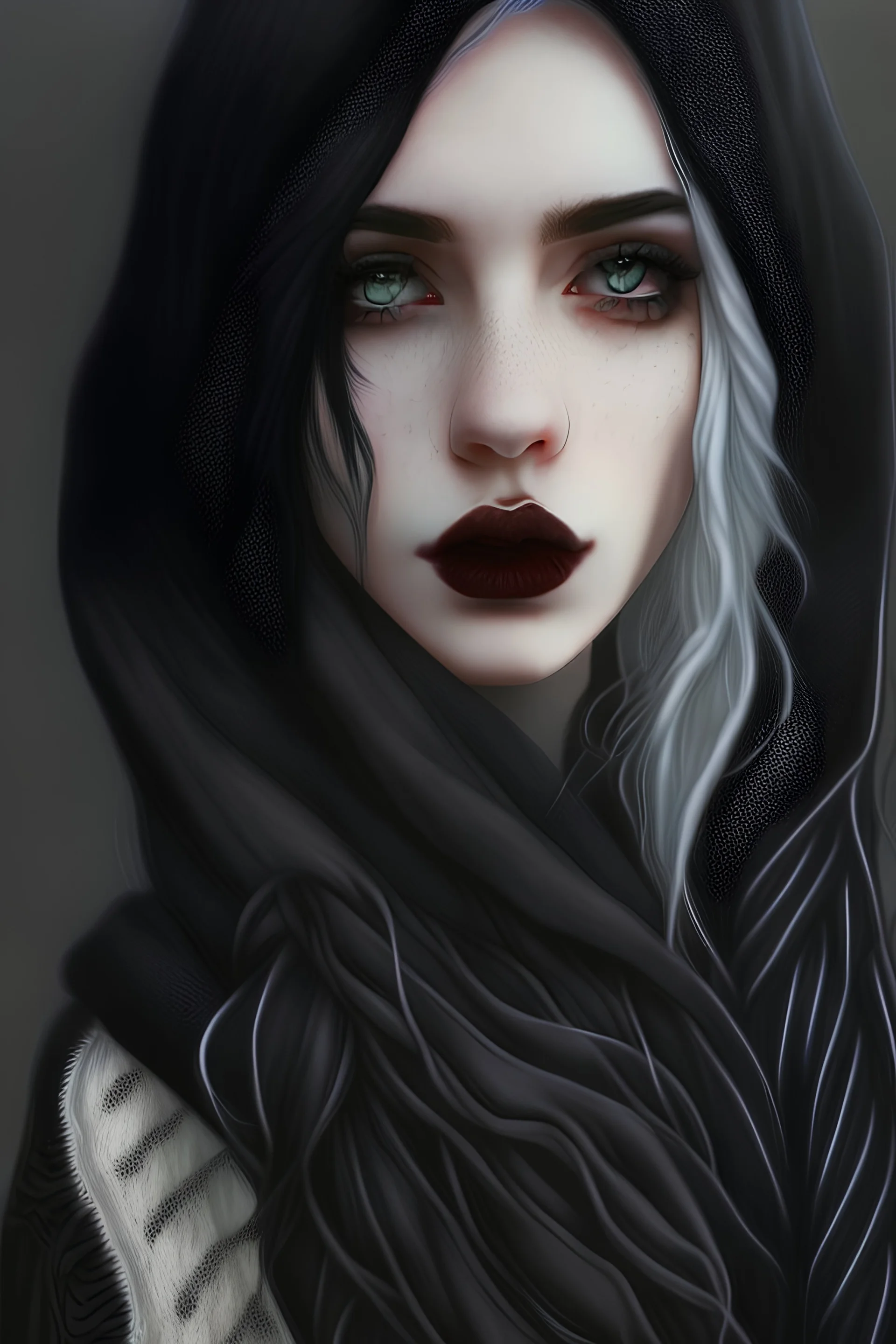 Realistic digital art, full body portrait, beautiful, cute young gothic goddess, freckles, cute nose, dark black/bright white hair, long wavy braided hair, full lips, pale skin, freckles, dark black lipstick, dark gothic makeup, piercings, wearing a hooded scarf, tattoos, Nordic, asymmetrical hair, pale light eyes, white tattoos, digital art, masterpiece, trending on artstation, full body portrait