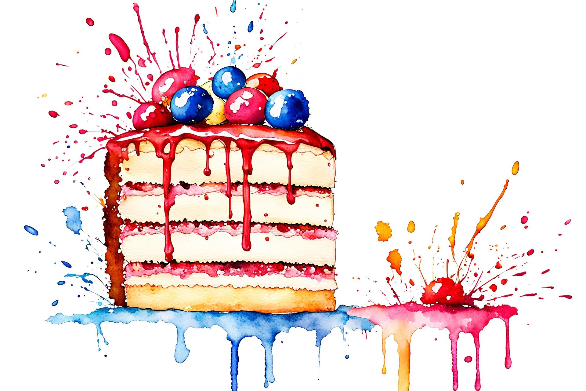 paint-splattered watercolor painting of cake on a bright white background