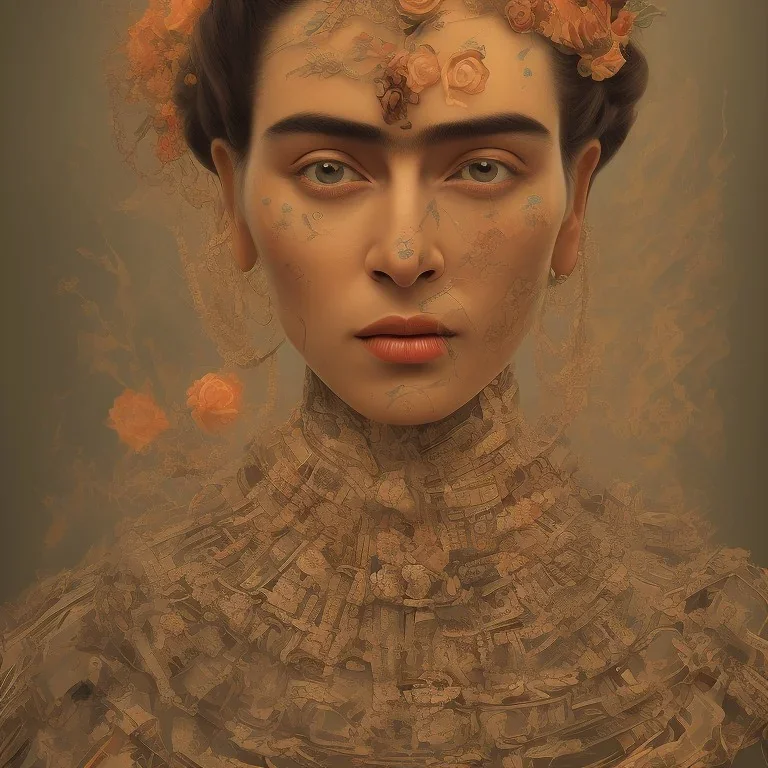 full body, Frida kallo identify face, animal skin clothing ,details,texture,8k quality, florest, Minimalism, Romanticism, Expressionism, Impressionism