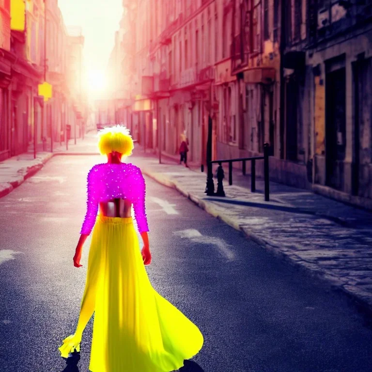 Beautiful lonely girl who walks along a street without people at dawn. You see her from behind. She wears very short yellow dress. She has short pink hair with glowing crystals. Full body, 8k resolution concept art. Professional Photo HD. Stylish. Warm vivid colors. Panoramic