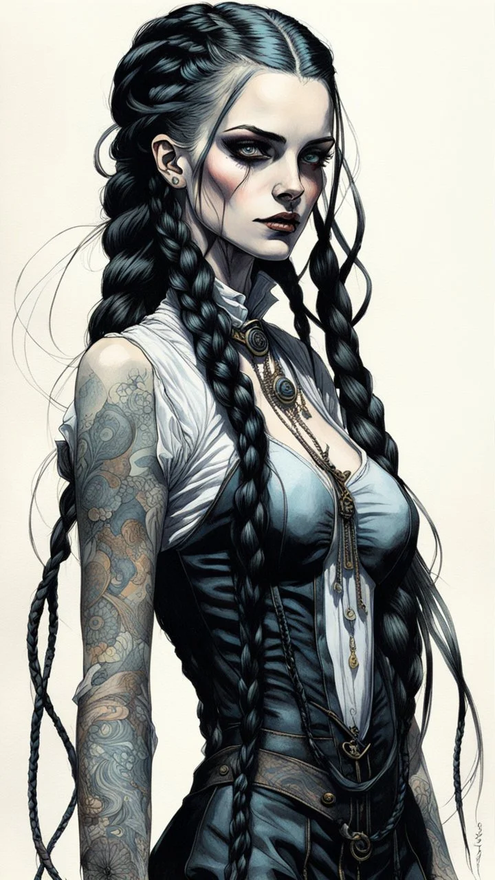 highly detailed, full body illustration, petite goth girl, long dark braided hair , sharply defined angular facial features, anatomic perfection, by Andrea Kowch> <Yoji Shinkawa> <Jean-Giraud Moebius, vibrant natural color tones, precisely drawn and inked, 8k resolution