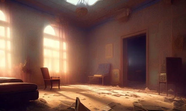 Abandoned hotel room in Egypt, cinematic, 8k, resolution concept art portrait by Greg Rutkowski, Artgerm, WLOP, Alphonse Mucha dynamic lighting hyperdetailed intricately detailed