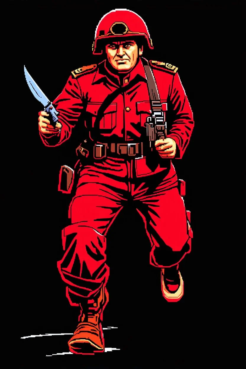 Italian soldier(uniform and face based on racist steriotypes) running towards viewer, a knife i one hand, and a gun(barrel pointing at viewer) in the other. blocky retro 1960's jack kirby style poster in monochrome with white background