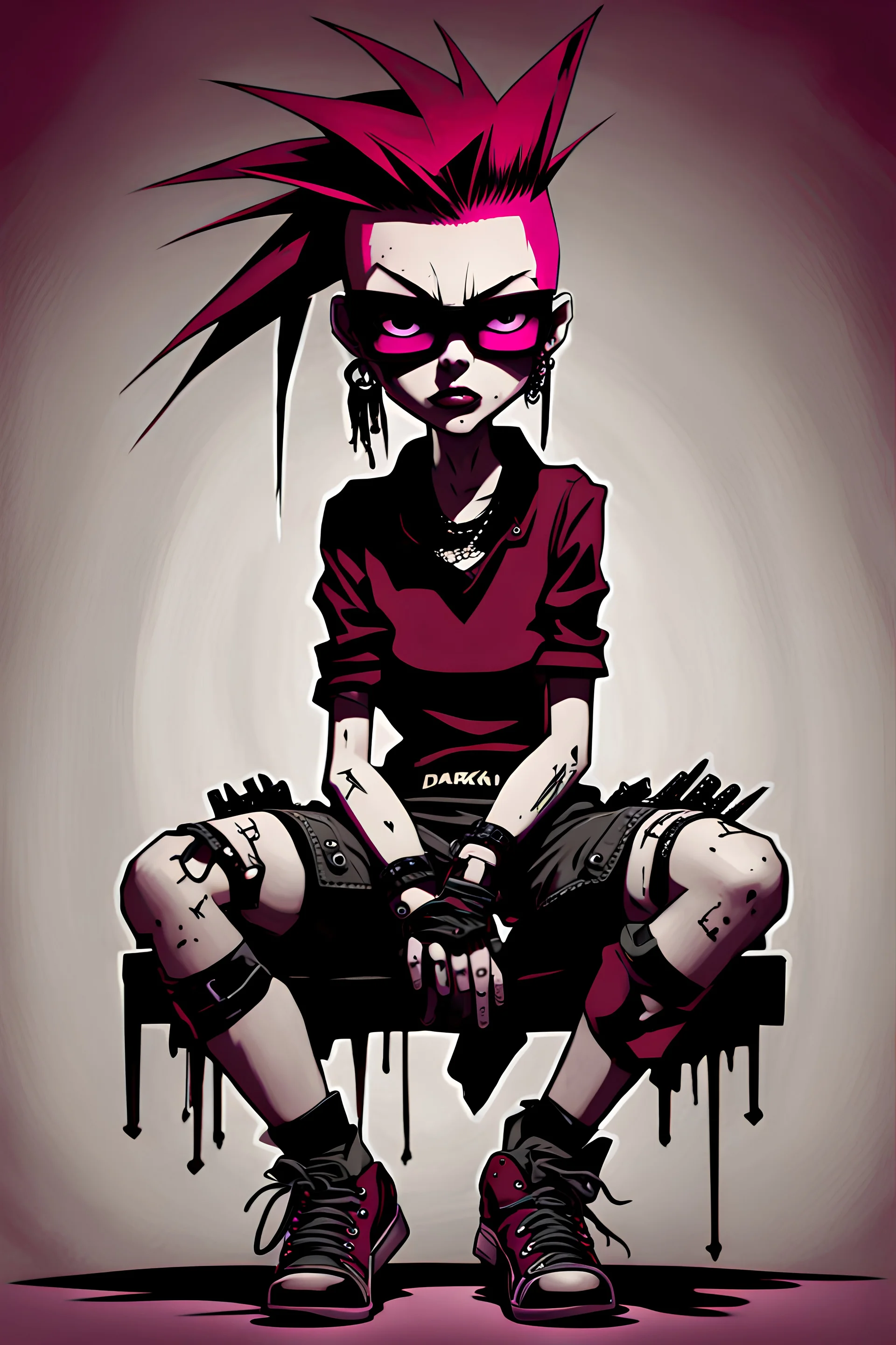 Punk girl, sit pose, darkred tones, style Invader Zim,