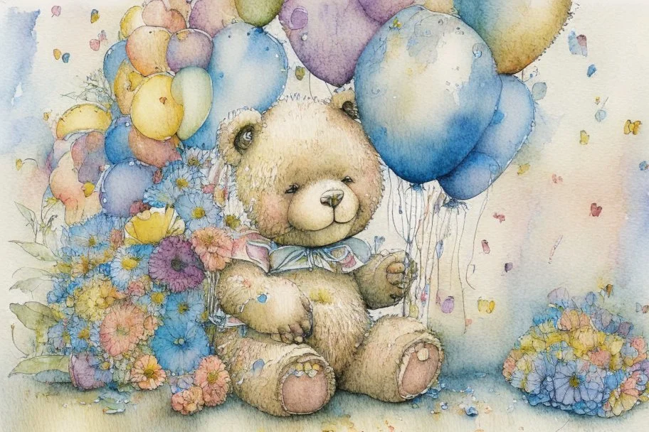 line art, watercolor wash, ( patchwork teddy bear sitting amongst flowers and balloons) brian froud style, carl larsson style, colourful palate, perfect composition, detailed background by daniel_merriamn summers day, studio photo, intricate details, highly detailed highly detailed elegant studio lighting intricate beautiful award winning crisp quality colourful very cute Daniel Merriam Daniel Gerhartz midjourney quality