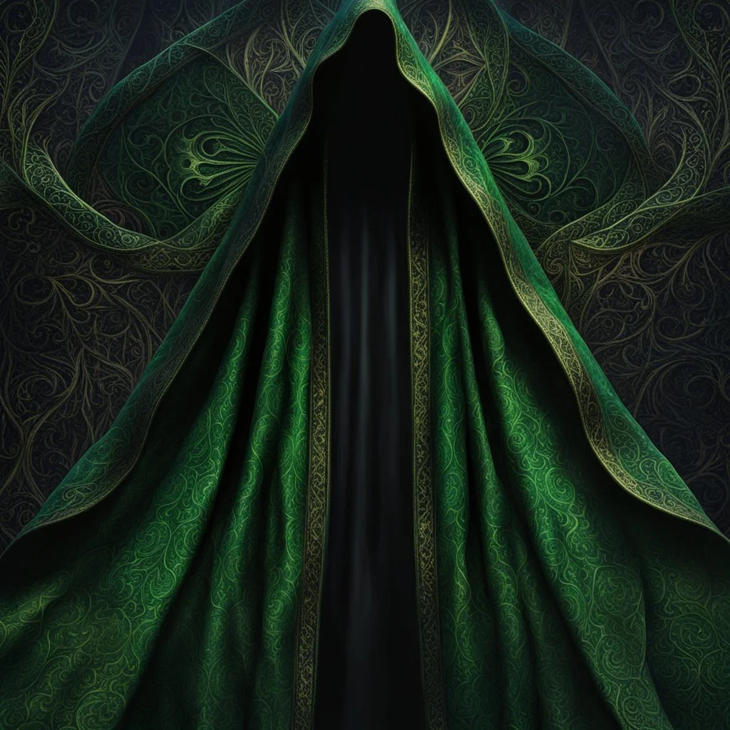 Closeup of an old, dark, invisibility cloak used for black magic. Poison-Green details. Evil. Dark. Black magic. No detailed background.Magical. Epic. Dramatic, highly detailed, digital painting, masterpiece