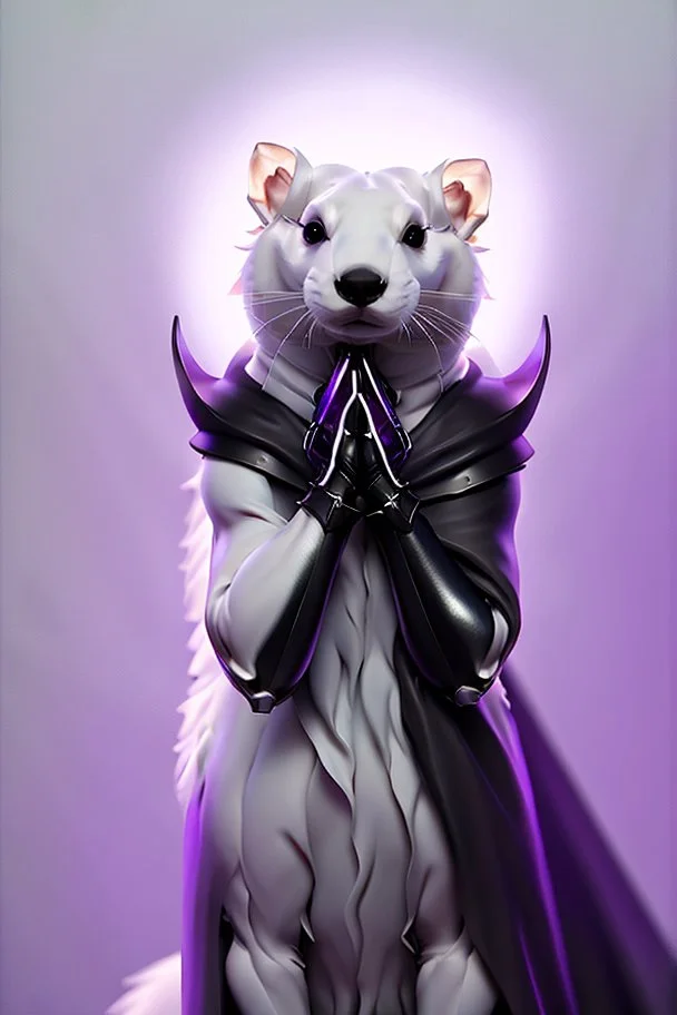 (anthropomorphic white ferret),dressed in ((cleric fantasy)) black clothes with silver holy ornaments, realistic anatomy, posing, cute face, fantasy inspire, fantasy church on background with warm sunshine lighty from behind, gloomy atmosphere, (((high angle shot))), purple armband, The holy icon style, RTX, praying, close eyes