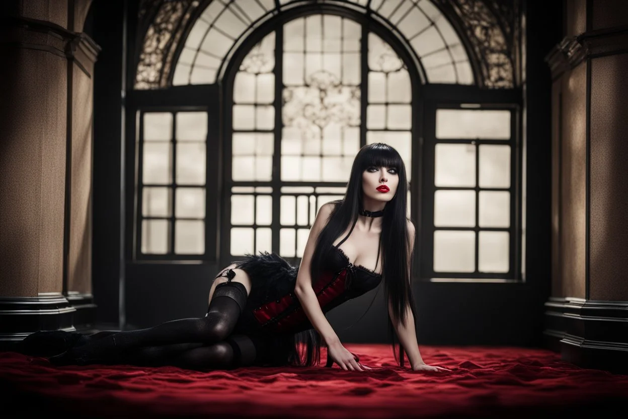 Full-body shot, of slender goth woman, lying on the floor, legs stretched out, long straight dark hair with bangs, fair skin, red lips, slender, corset, stockings, stilettos, fantasy background