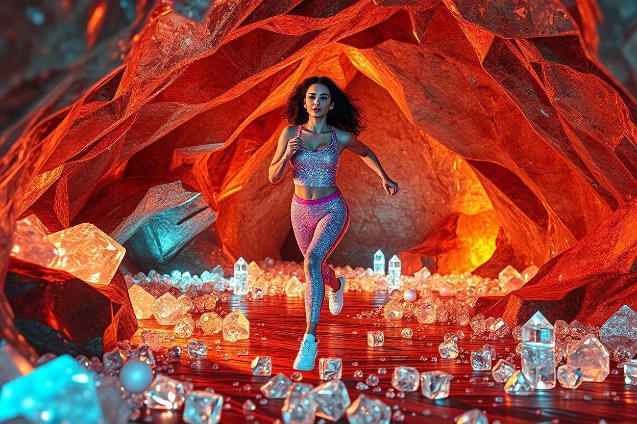 make a video pretty crystal cave covered with jewells and CIFI jewell lights and 3d recursive cubic and sphere base pearls and jwells a beautiful fashion model lady with cute,curvy hair,makeup, in pretty sports suit is running inside cave ,dynamic camera fallow her inside cave capturing full body, dynamic lights.