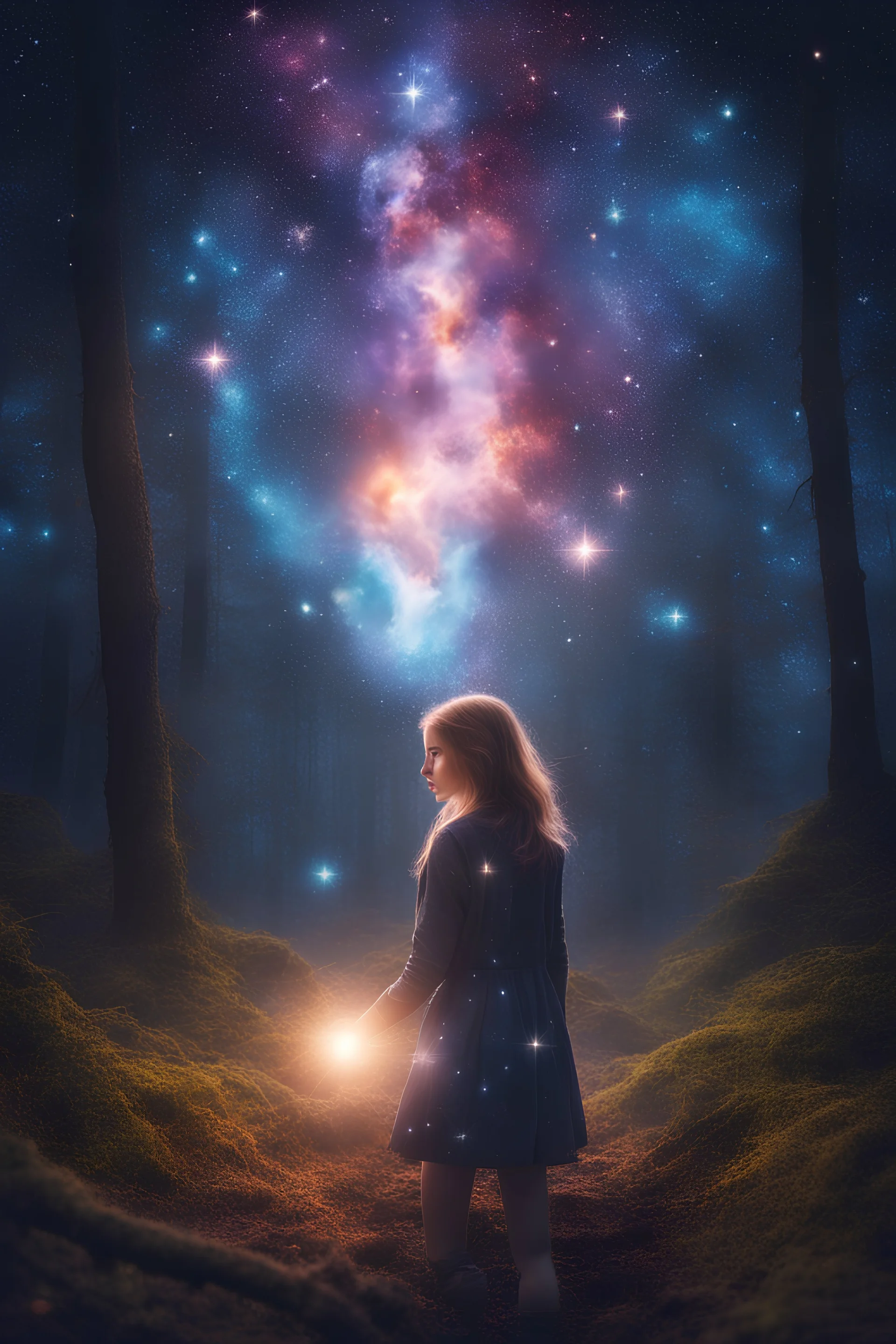 girl in the forest, sparks around her, galaxy on background,