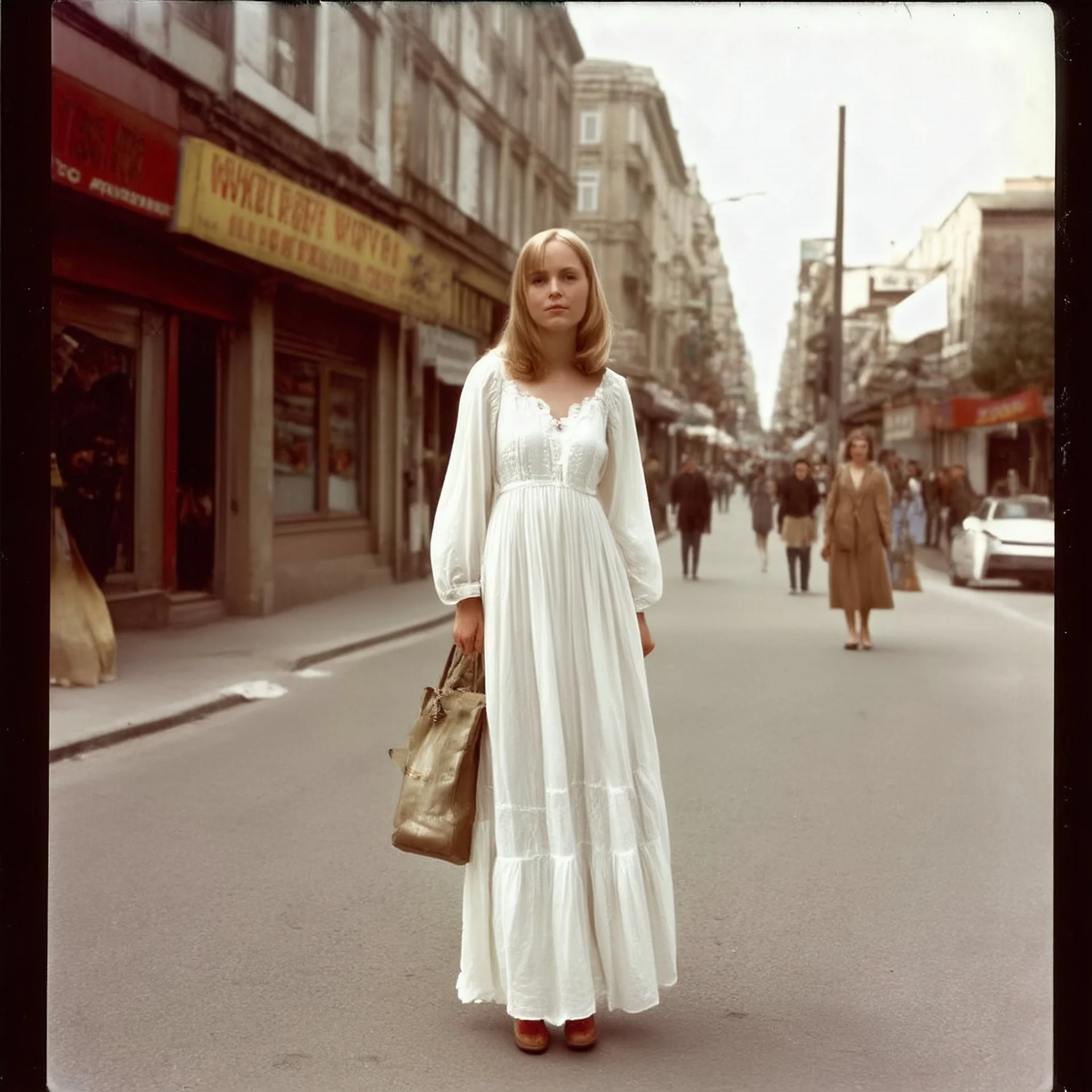 1910, old Autochrome photo with black frame, Young Singer Michelle Phillips , in the street; long white hippie dress,