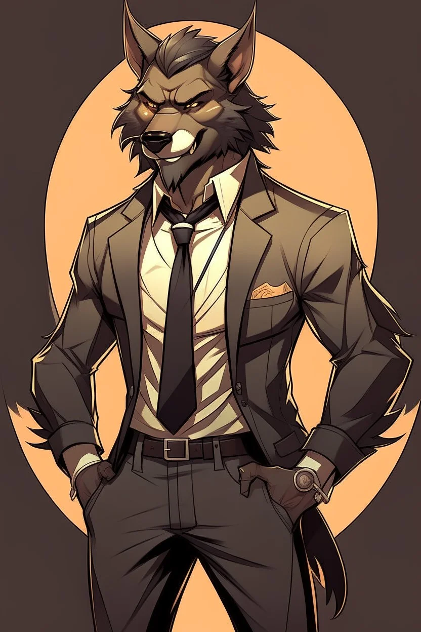 Buff, anthro, wolf, himbo, black fur, gold eyes, wearing a suit, full-body, muscles, strong, muscular,