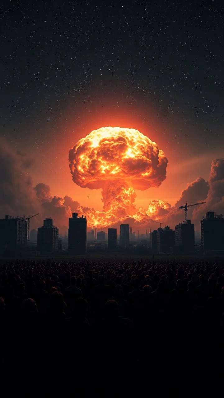 A field of random people at the end of the picture a dark sky with a glowing stars sky and a destroyed buildings in the background with a huge nuke explosion in the back