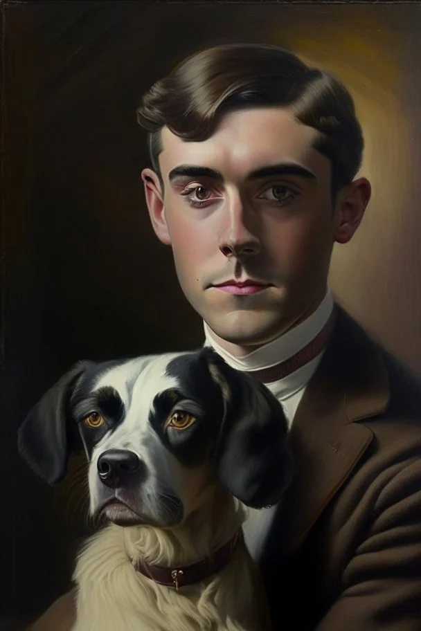 Make me a oil portrait of a very rich person that is 27 Years old from 1920 with a dog