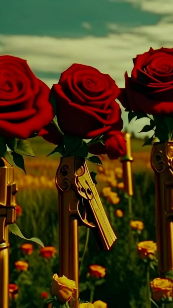 two golden guns above a grave in a field full of red roses.cinematic