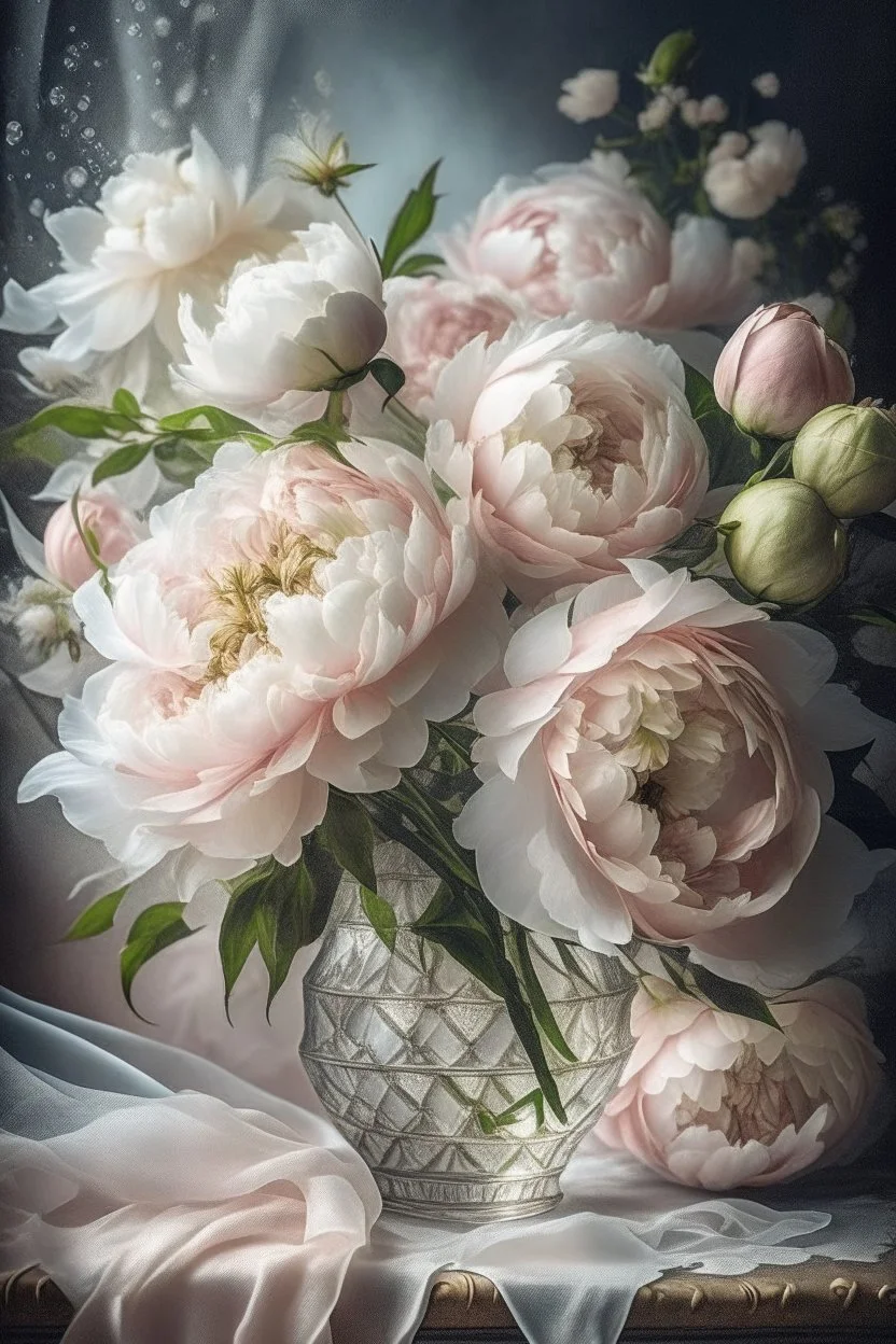 professional foto fantasy, beautiful bouquet of white,realistic photo,sketch, delicate drawing,oil painting, beautiful landscape, branch of large lush white and pink lace peonies of large flowers, pixel graphics, lots of details, sensuality,realism, high quality, decoration, hyperdetalization, professionally, filigree, hyperrealism, transparency, delicate pastel tones,backlight, contrast,fantastic, fabulous,unreal, translucent,luminous, clear lines,light green,white and pink