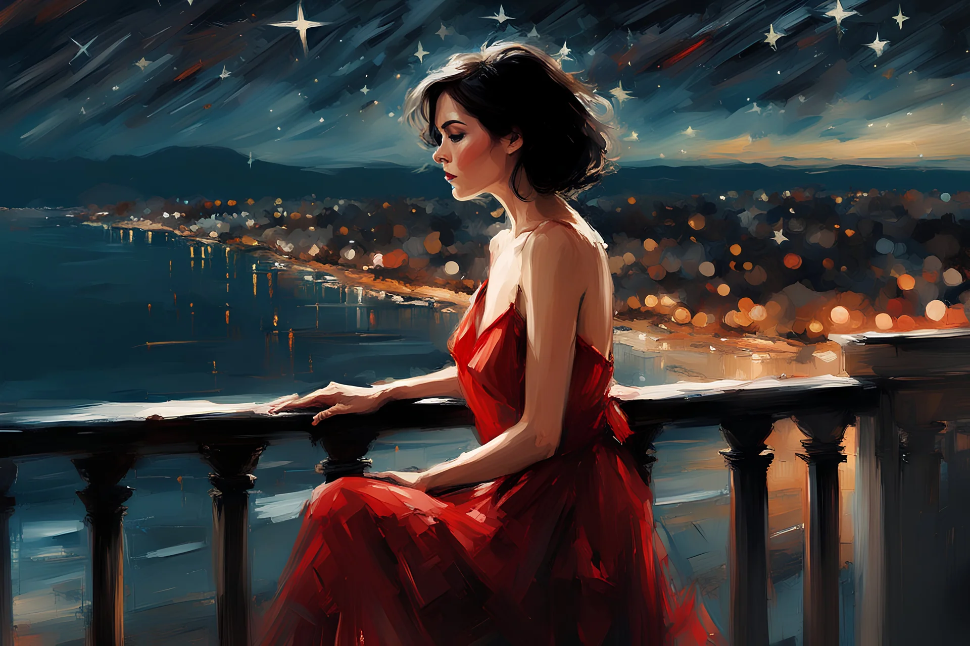 brunette woman 30yo with short bob hair in a flowing red dress on a balcony overlooking the sea at night with lots of stars in the sky:: digital matt painting with rough paint strokes by Jeremy Mann + Carne Griffiths + Leonid Afremov, black canvas