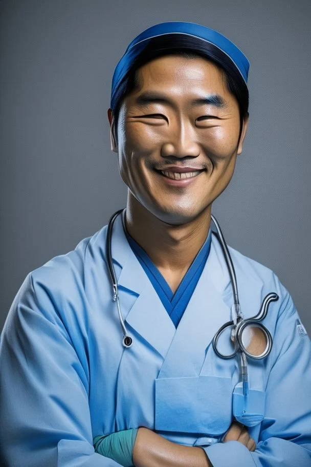 asian surgeon portrait smiling, scalpel pose