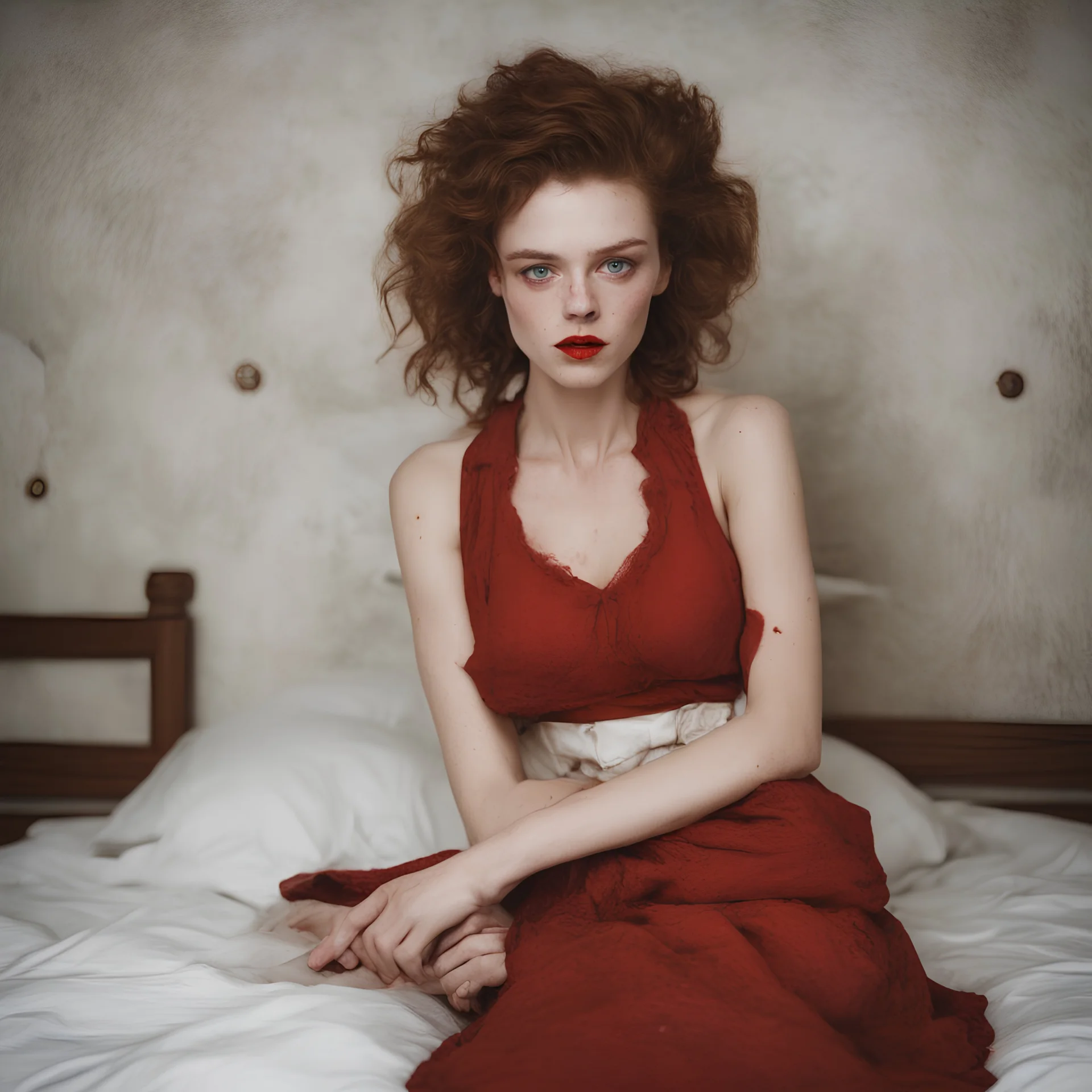 Top model Sara grace wallerstedt, freckles, in the style of egon Schiele, red nose, red dress, on a bed