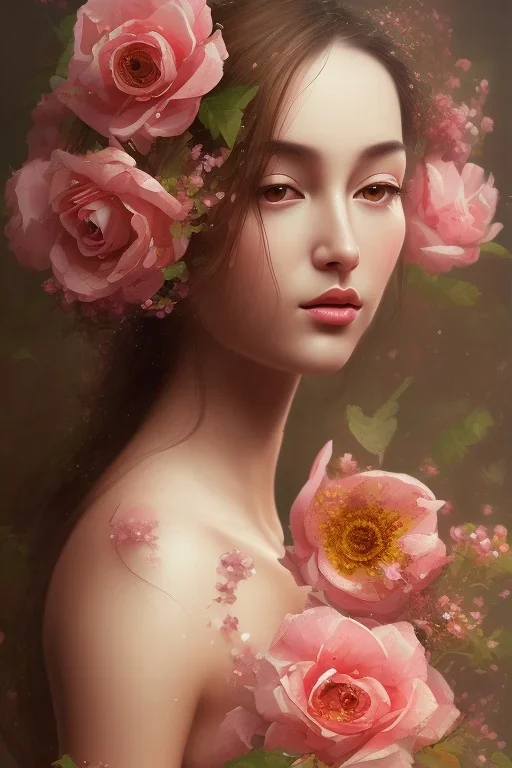 painting of flowers and beautiful girl portrait, scaffolding, decay, textured, anatomically correct, beautiful perfect face, sharp focus, highly detailed