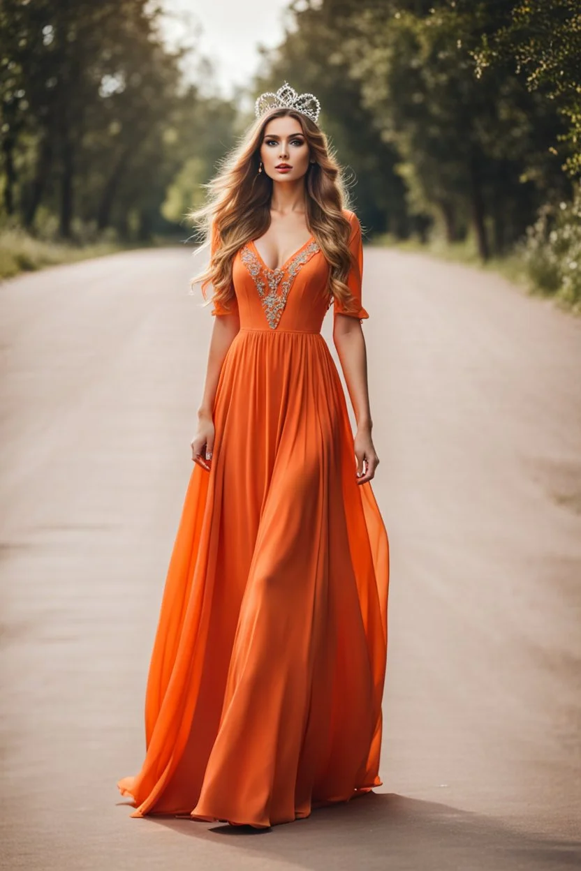 very beautiful ukrain lady wearing orange pretty maxi flared dress with hair silver crown ,standing idle pose