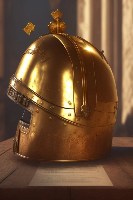 The Roman centurion's golden helmet lies on an old cracked wooden table. Next to it on the table is a cross on a string and a scroll of parchment. A ray of sunlight reflects off the helmet. All around is the entourage of ancient Rome. High quality image in 8K