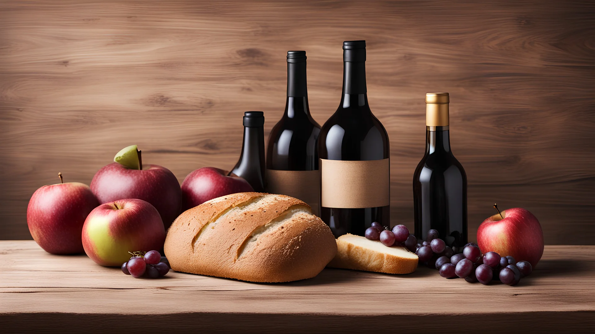 Bread wine bottle apples grapes on wooden table