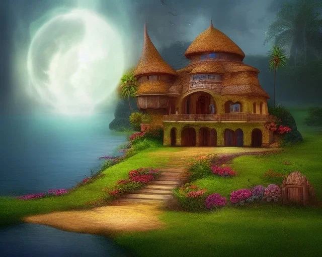 mystical house on a hot tropical island, fantasy art,