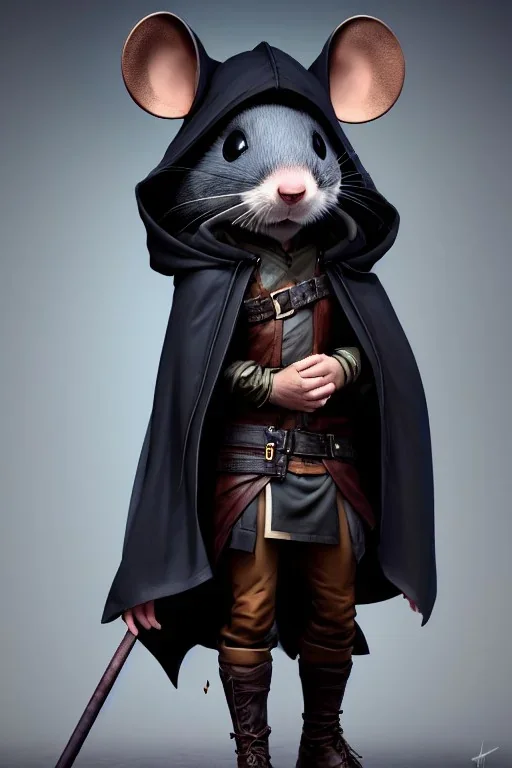 full body concept, very fine art oil painting of a cute and sneaky D&D style anthropomorphic mouse hooded thief with a very beautiful face wearing full intricate clothing, ultra detailed, octane render, 4K, dystopian, micro details