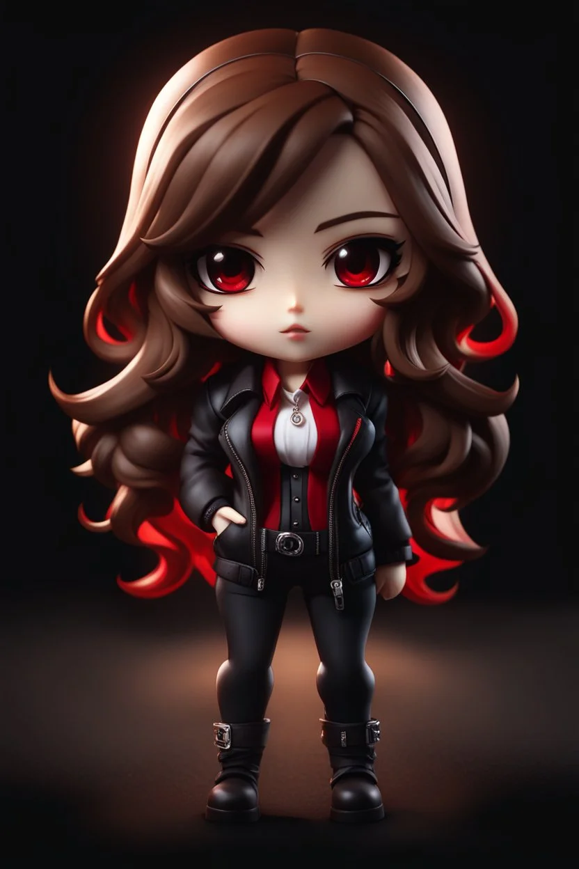 full body chibi woman with long brown hair, red eyes, bad girl vibe, mafia, dark alley setting, intricately detailed, masterpiece, anime chibi doll, 4k