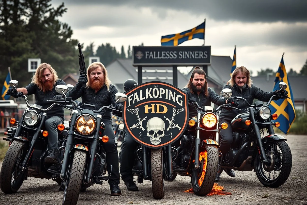 a very hard and tuff motorcycle young gang with Keltic hair , not old, posing with their Harley Davidsson bikes, some of them holding guns and shotguns, a logo sign with "FALKÖPING HD", "FEARLESS SINNERS" Skulls and bones, skeletons and fire, Swedish town Falköping in background, Swedish flags on bikes, Simon Stålenhag style