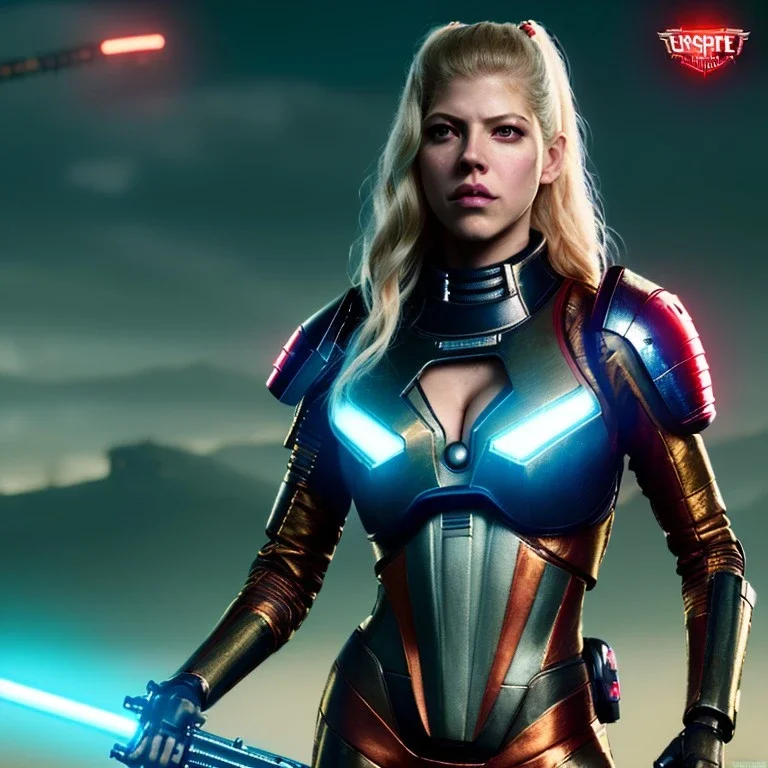 Actress , sci-fi, cyber punk , Katheryn Winnick, retro futuristic, portrait, samurai, 16 bit, unreal engine 5, god light, ultra hd, vibrant color, gradient background, neon.