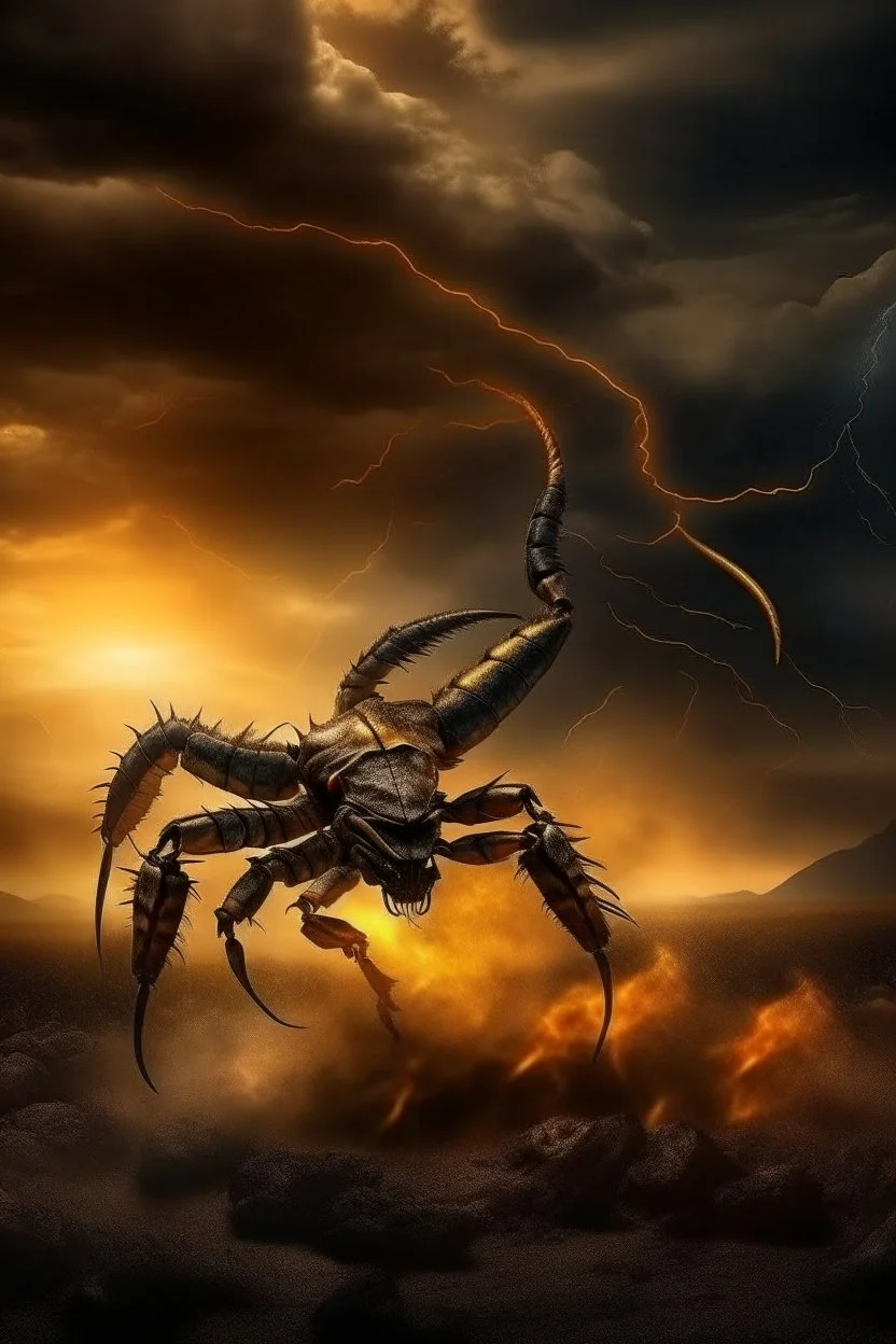 Scorpion surrounded by fire. Tail curled up behind his back ready to strike under a storming sky with lightening