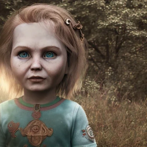 analog style, Celtic goddes, portrait, simmetric eyes, war ambient, chucky wearing outfit, ultra realistic photo