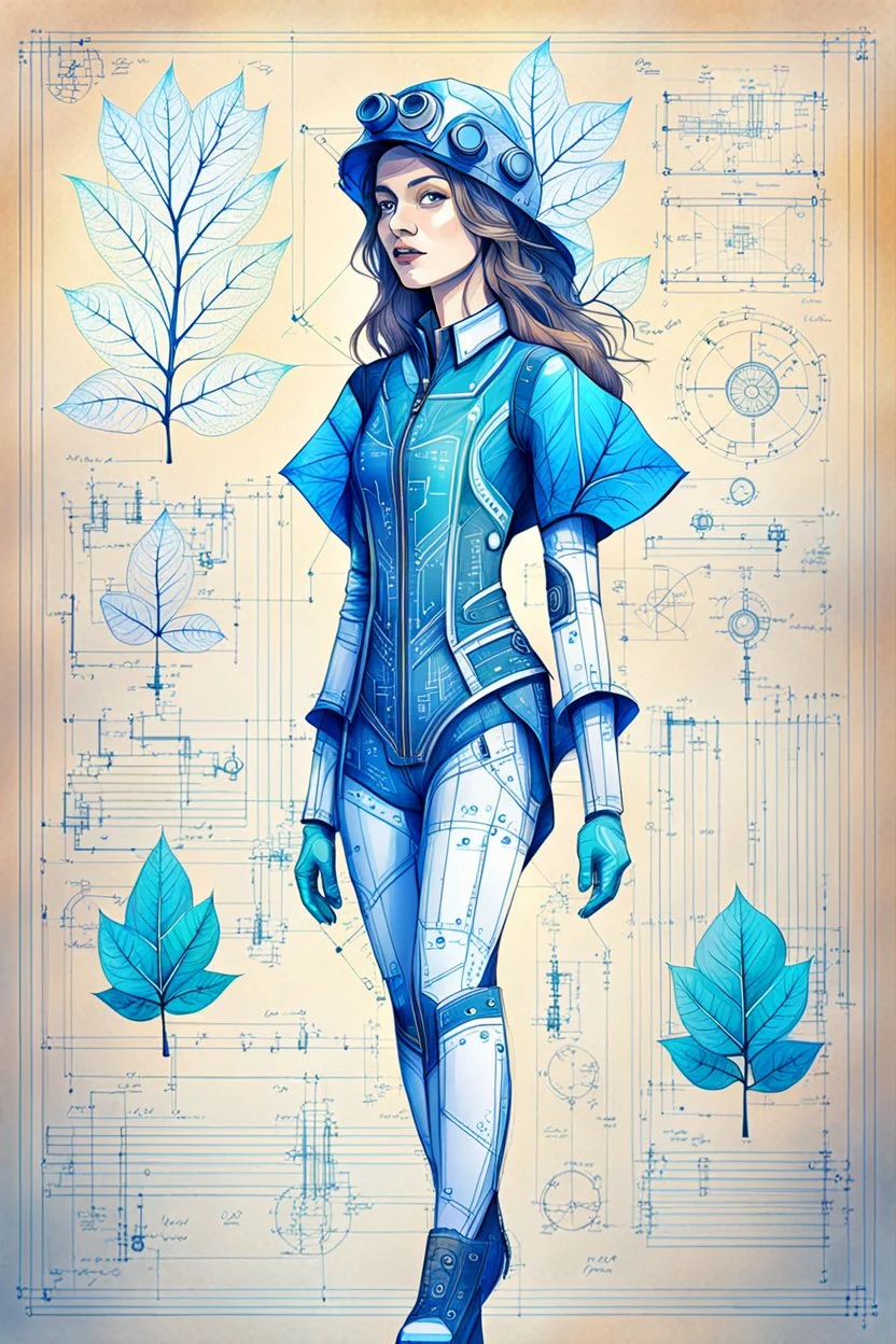 Hand drawn technical,full body portrait illustration , with detailed blueprints and engineering schematics of a walking leaf girl, with highly detailed facial features, drawings, and technical notation, 8k, vibrant natural colors