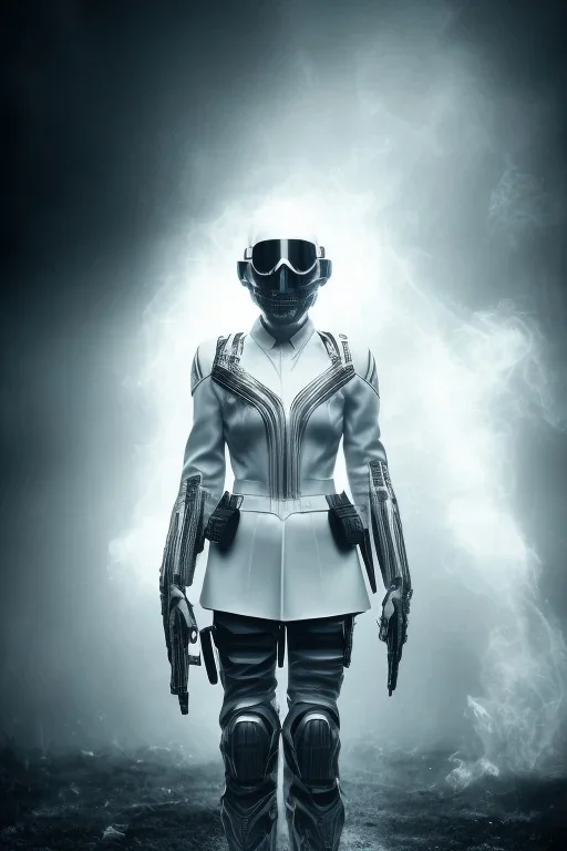 All Black AnnaSophia Robb soldier, ghost, wearing high tech mask, white smoke, dark, rage, sorrow, high definition, ultra 8 k, volumetric lighting, blue fire, fog