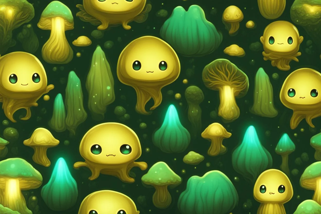 cute chibi slime radiant golden glow in mystical bioluminescent forest , highly detailed , cute facial features , 3D reflections